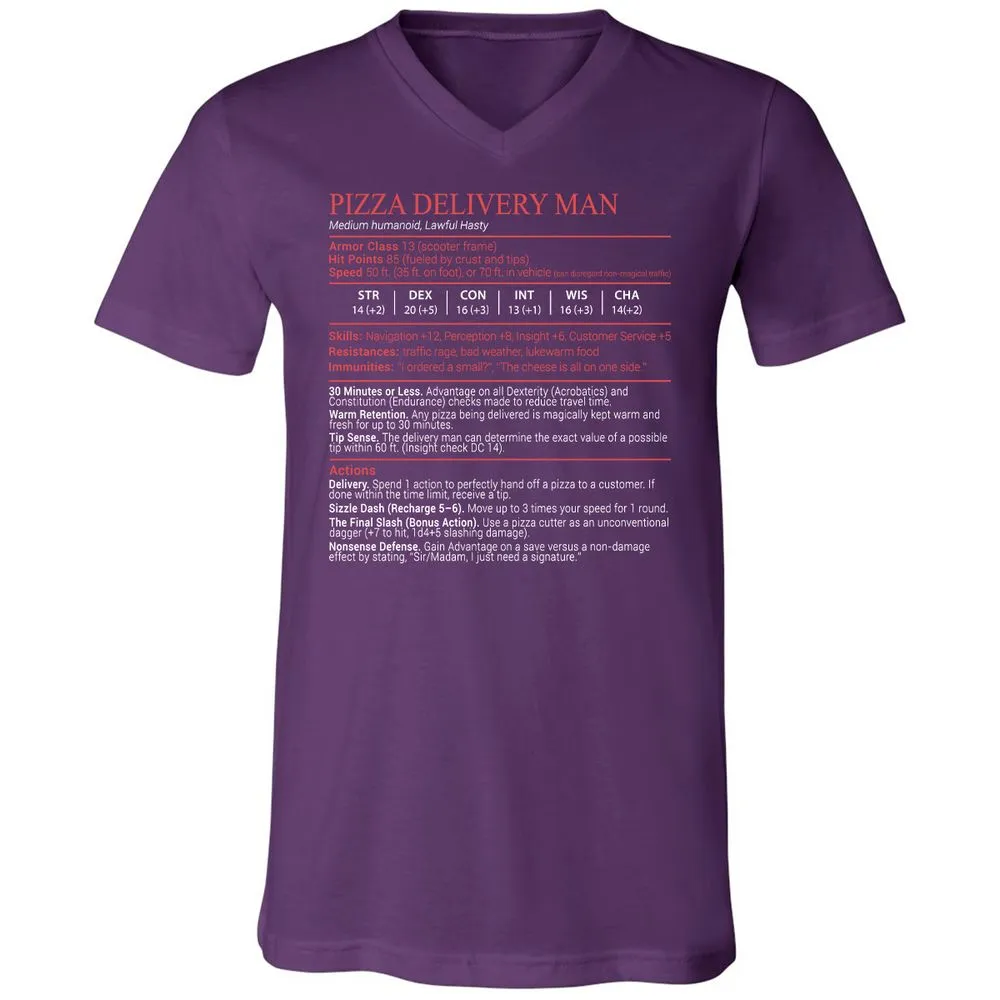Pizza Delivery Man Stats Block Unisex V-Neck T-Shirt - Team Purple - 10