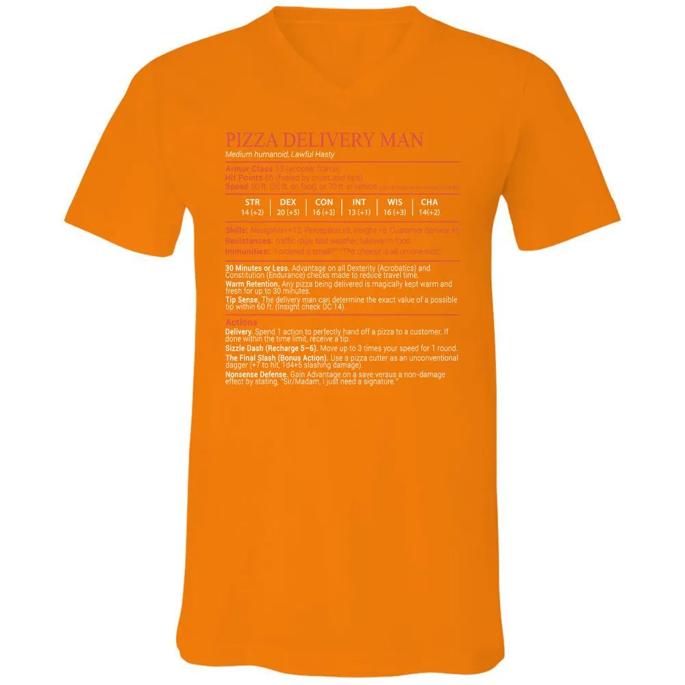 Pizza Delivery Man Stats Block Unisex V-Neck T-Shirt - Orange - 12