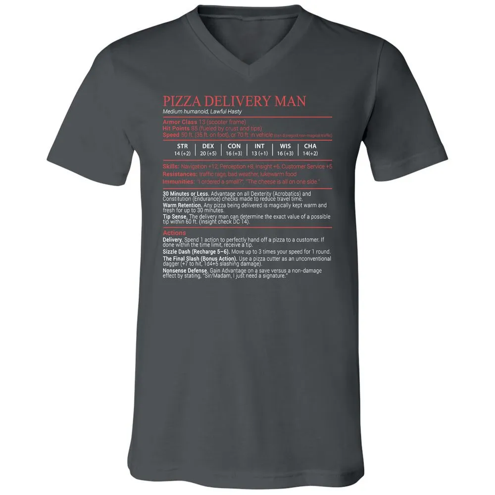 Pizza Delivery Man Stats Block Unisex V-Neck T-Shirt - Asphalt - 13