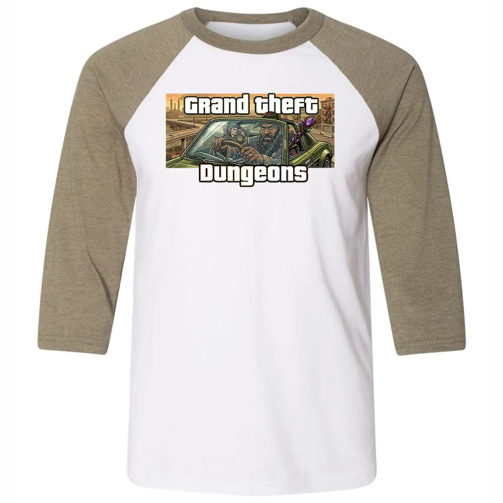 Grand Theft Dungeons Unisex 3/4 Baseball Tee - White/Heather Olive - 4