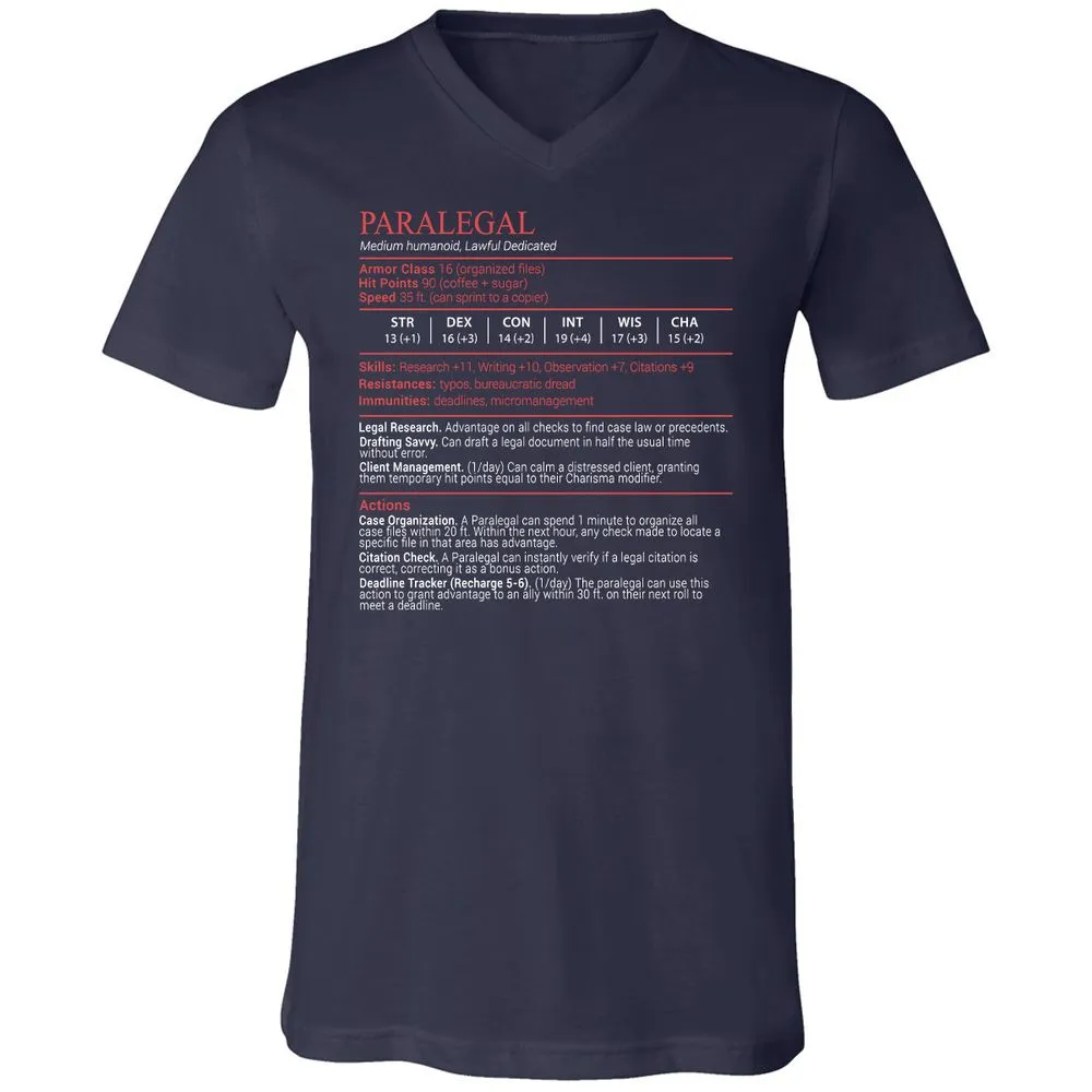 Paralegal Stats Block Unisex V-Neck T-Shirt - Navy - 2