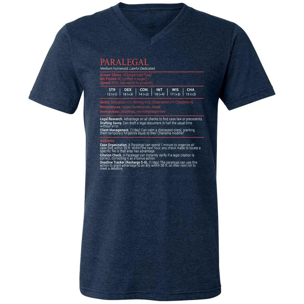 Paralegal Stats Block Unisex V-Neck T-Shirt - Heather Navy - 3