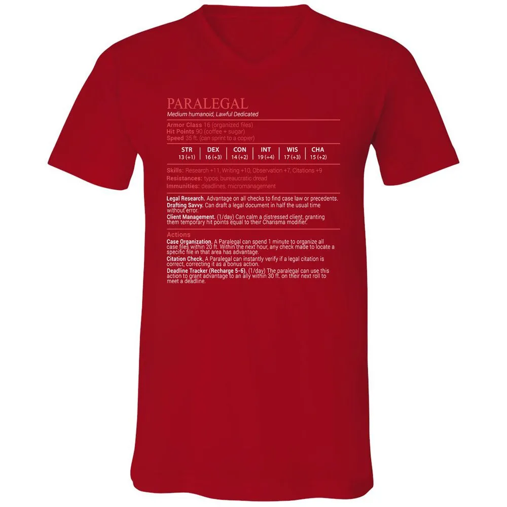 Paralegal Stats Block Unisex V-Neck T-Shirt - Red - 6