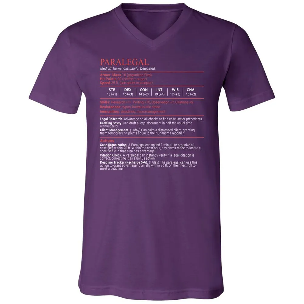 Paralegal Stats Block Unisex V-Neck T-Shirt - Team Purple - 10