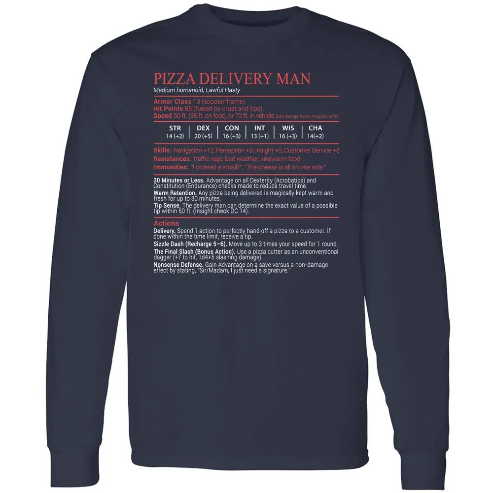 Pizza Delivery Man Stats Block Long Sleeve T-Shirt - Navy - 2