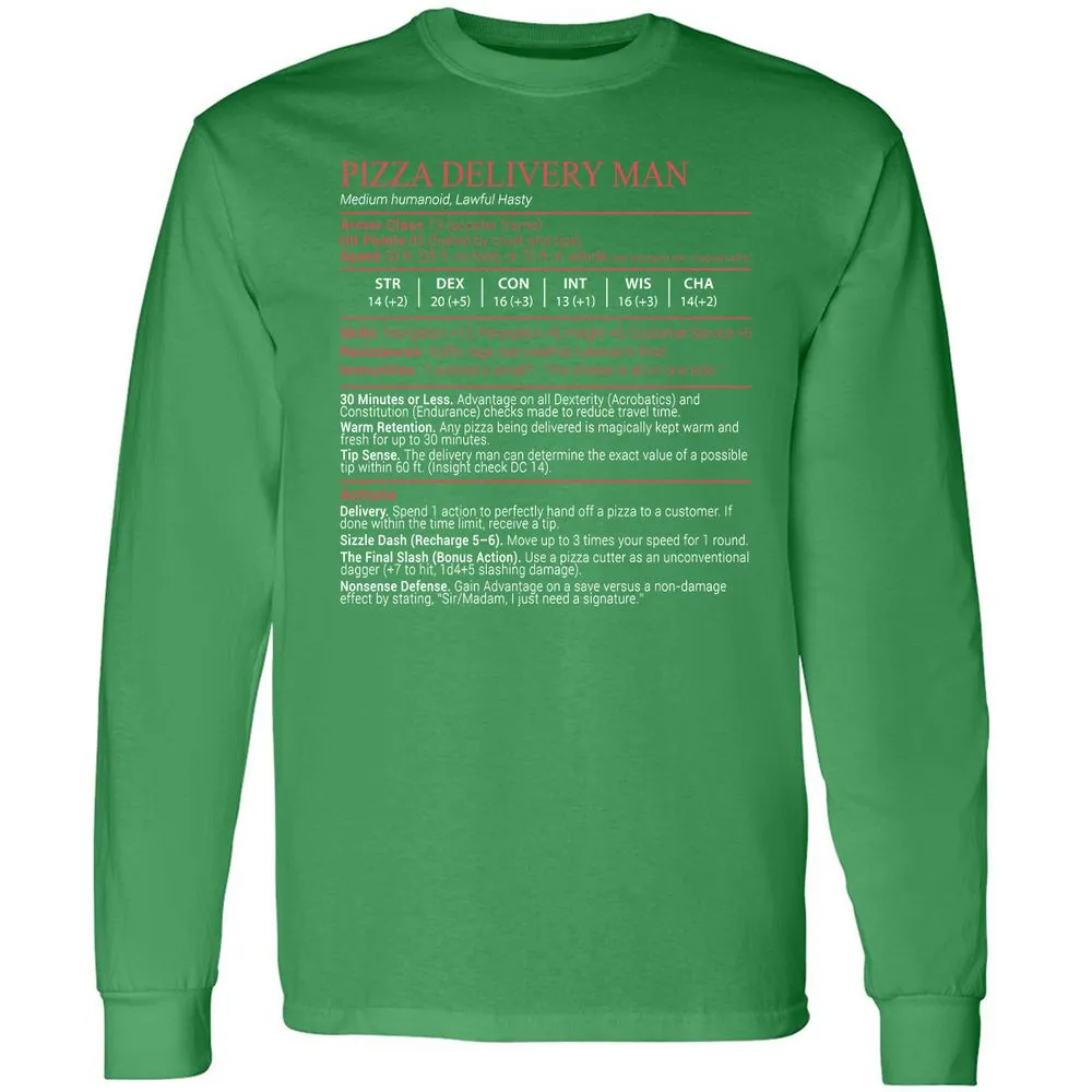 Pizza Delivery Man Stats Block Long Sleeve T-Shirt - Irish Green - 10