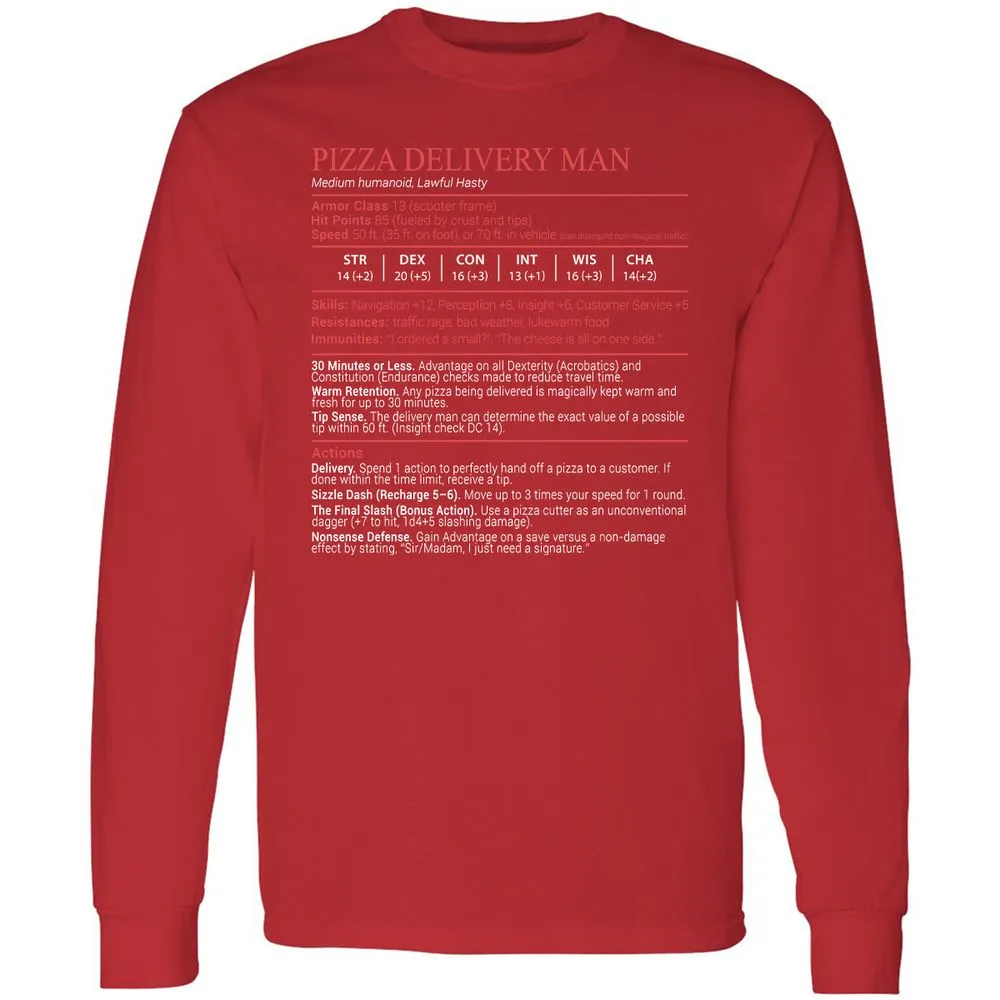 Pizza Delivery Man Stats Block Long Sleeve T-Shirt - Red - 11
