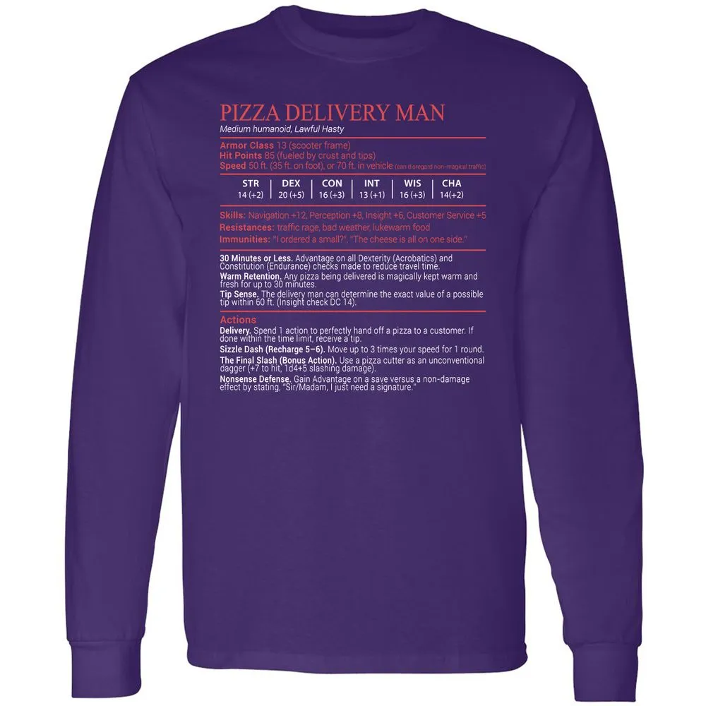 Pizza Delivery Man Stats Block Long Sleeve T-Shirt - Purple - 12