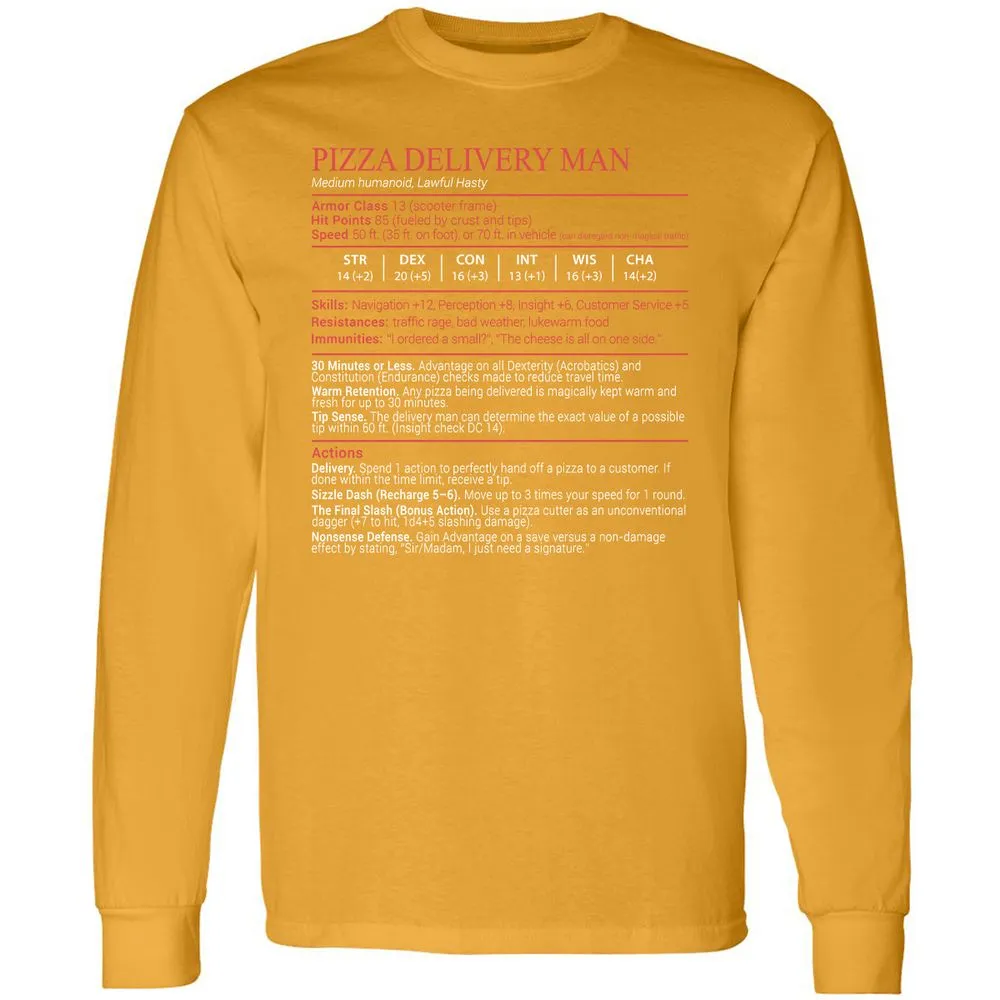 Pizza Delivery Man Stats Block Long Sleeve T-Shirt - Gold - 13