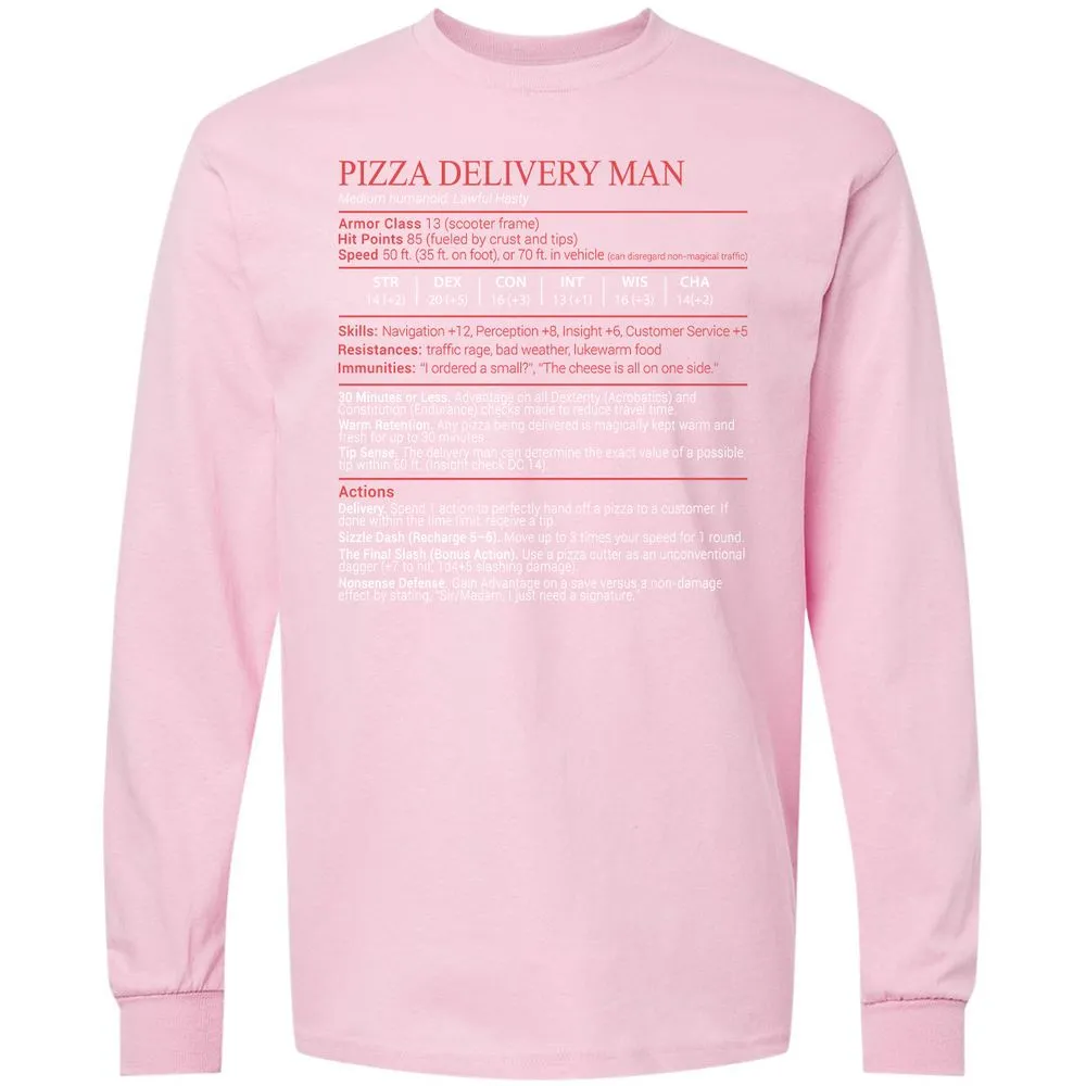 Pizza Delivery Man Stats Block Long Sleeve T-Shirt - Light Pink - 16