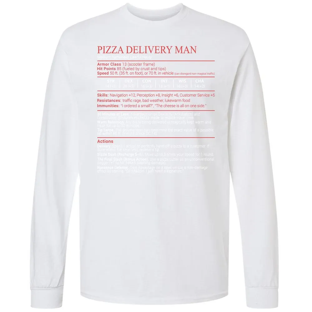 Pizza Delivery Man Stats Block Long Sleeve T-Shirt - White - 17