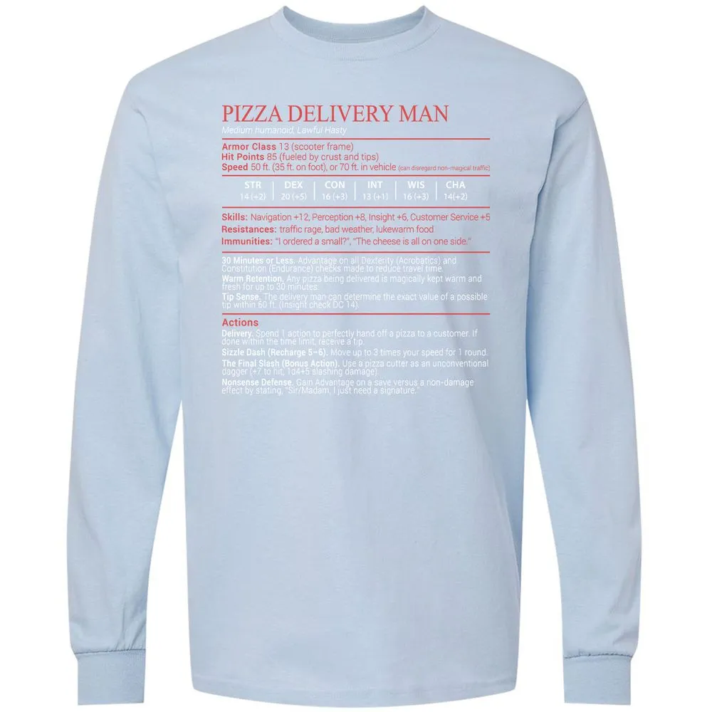 Pizza Delivery Man Stats Block Long Sleeve T-Shirt - Light Blue - 18