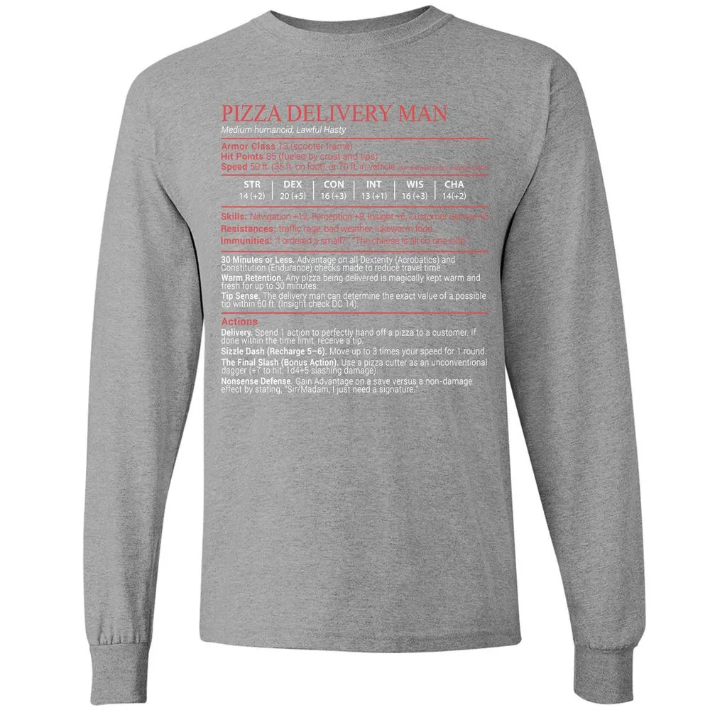 Pizza Delivery Man Stats Block Long Sleeve T-Shirt - Sport Grey - 19