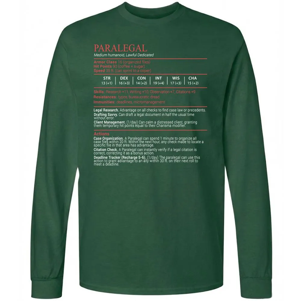 Paralegal Stats Block Long Sleeve T-Shirt - Forest Green - 4