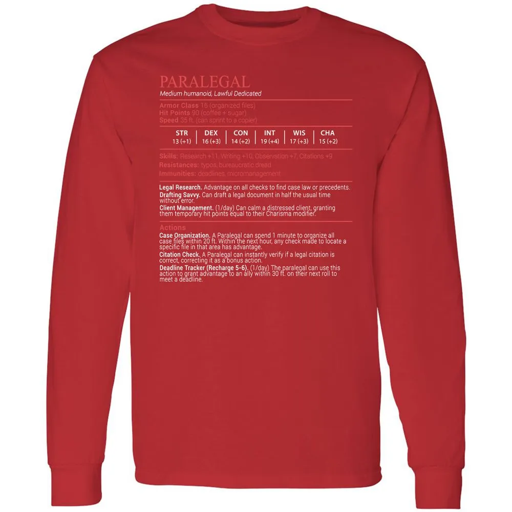 Paralegal Stats Block Long Sleeve T-Shirt - Red - 11