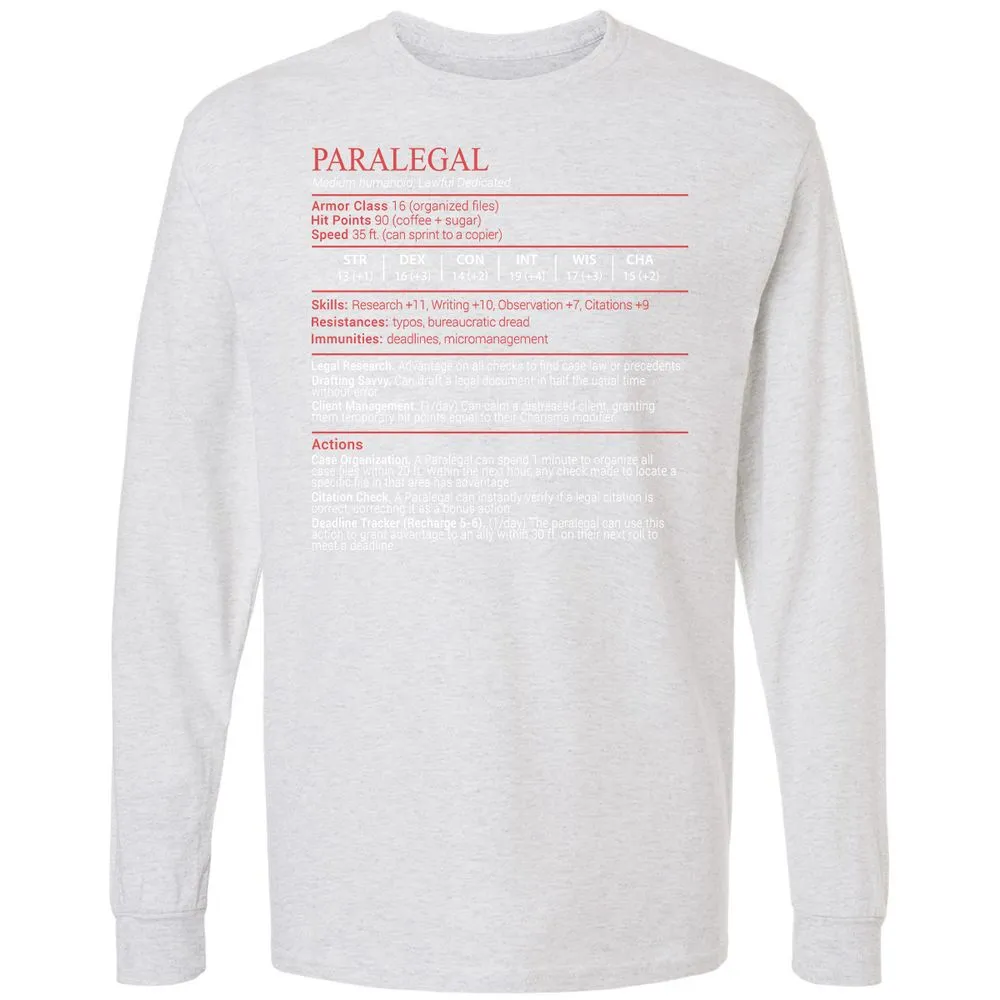 Paralegal Stats Block Long Sleeve T-Shirt - Ash - 14