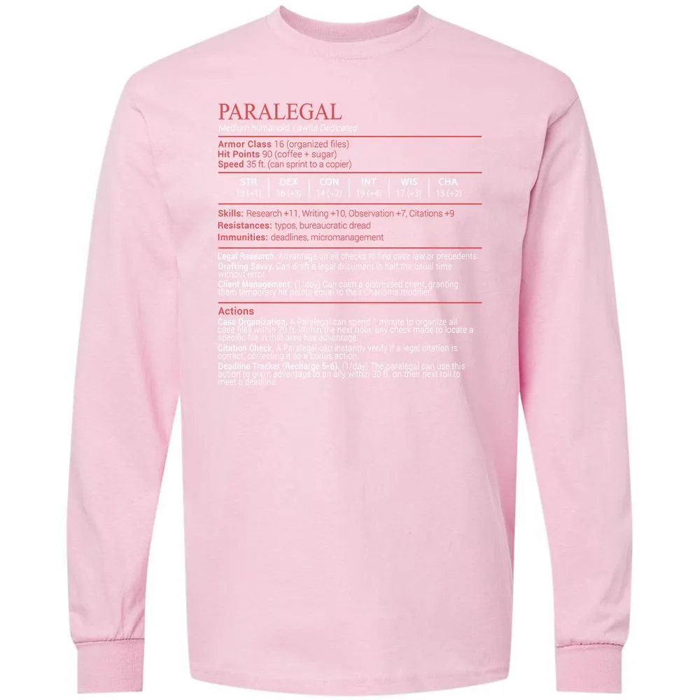 Paralegal Stats Block Long Sleeve T-Shirt - Light Pink - 16