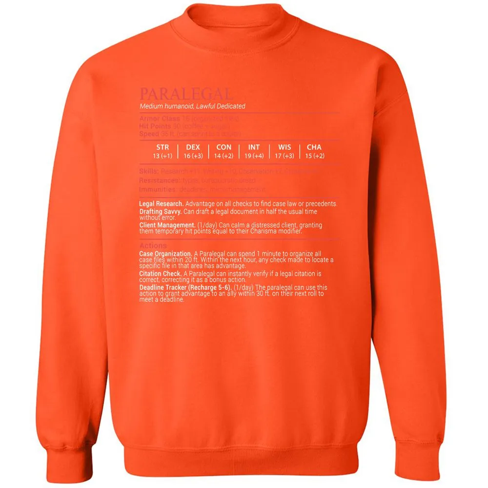 Paralegal Stats Block Classic Unisex Sweatshirt - Orange - 12