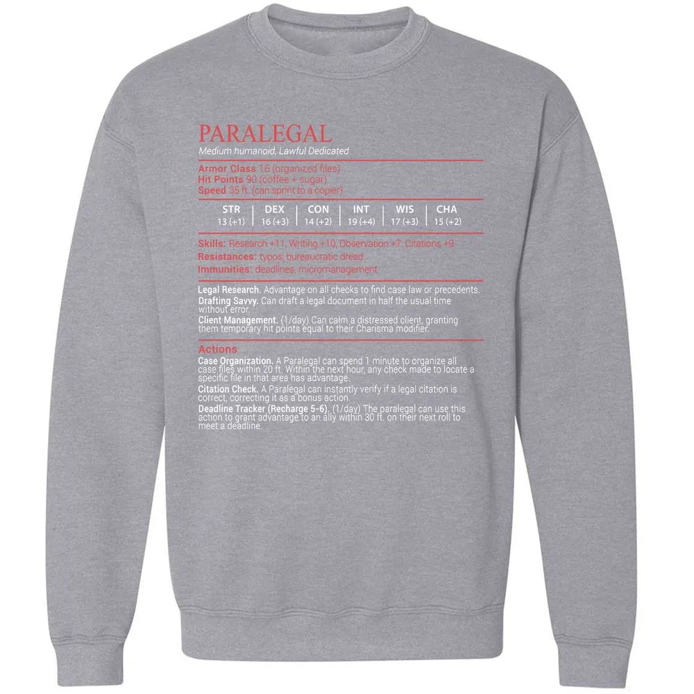 Paralegal Stats Block Classic Unisex Sweatshirt - Sport Grey - 17