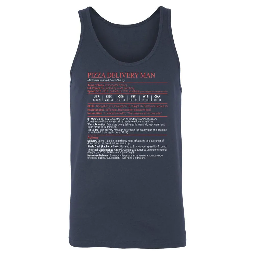 Pizza Delivery Man Stats Block Unisex Jersey Tank - Navy - 2
