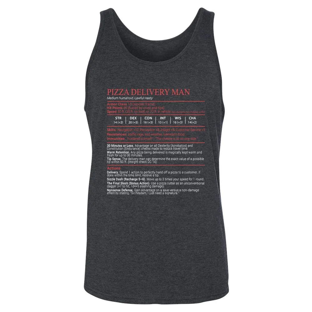 Pizza Delivery Man Stats Block Unisex Jersey Tank - Dark Grey Heather - 5