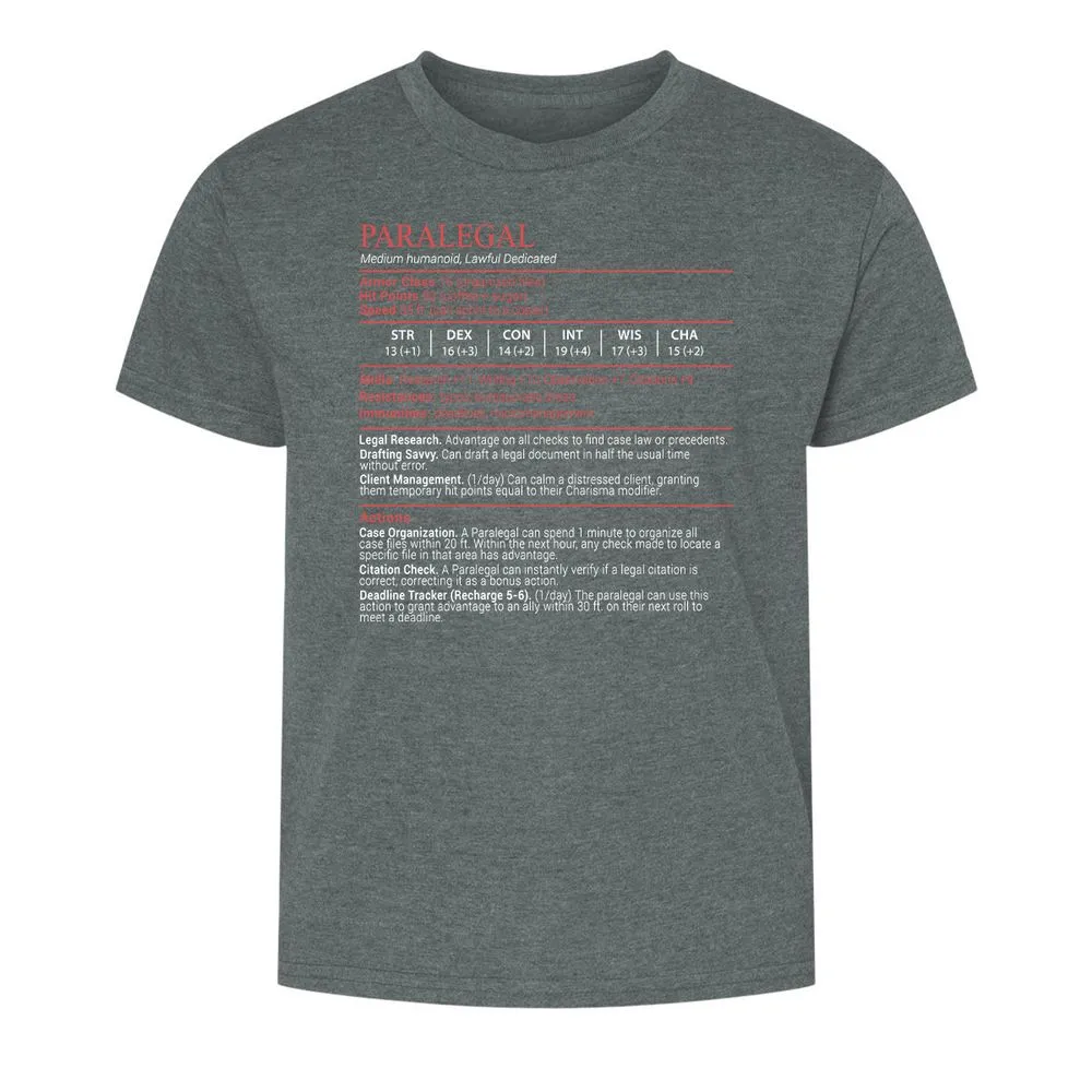 Paralegal Stats Block Kids T-Shirt - Dark Heather - 10