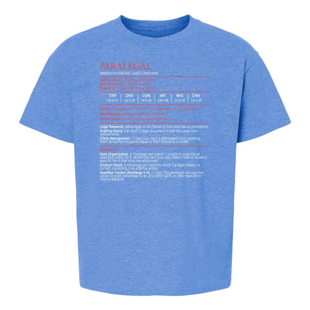 Paralegal Stats Block Kids T-Shirt - Heather Royal - 13