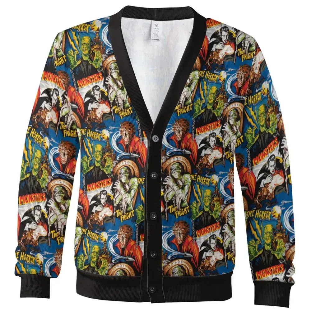 The Horror The Fright Dracula Frankenstein The Wolfman Monster Universal Pattern Cardigan - 2