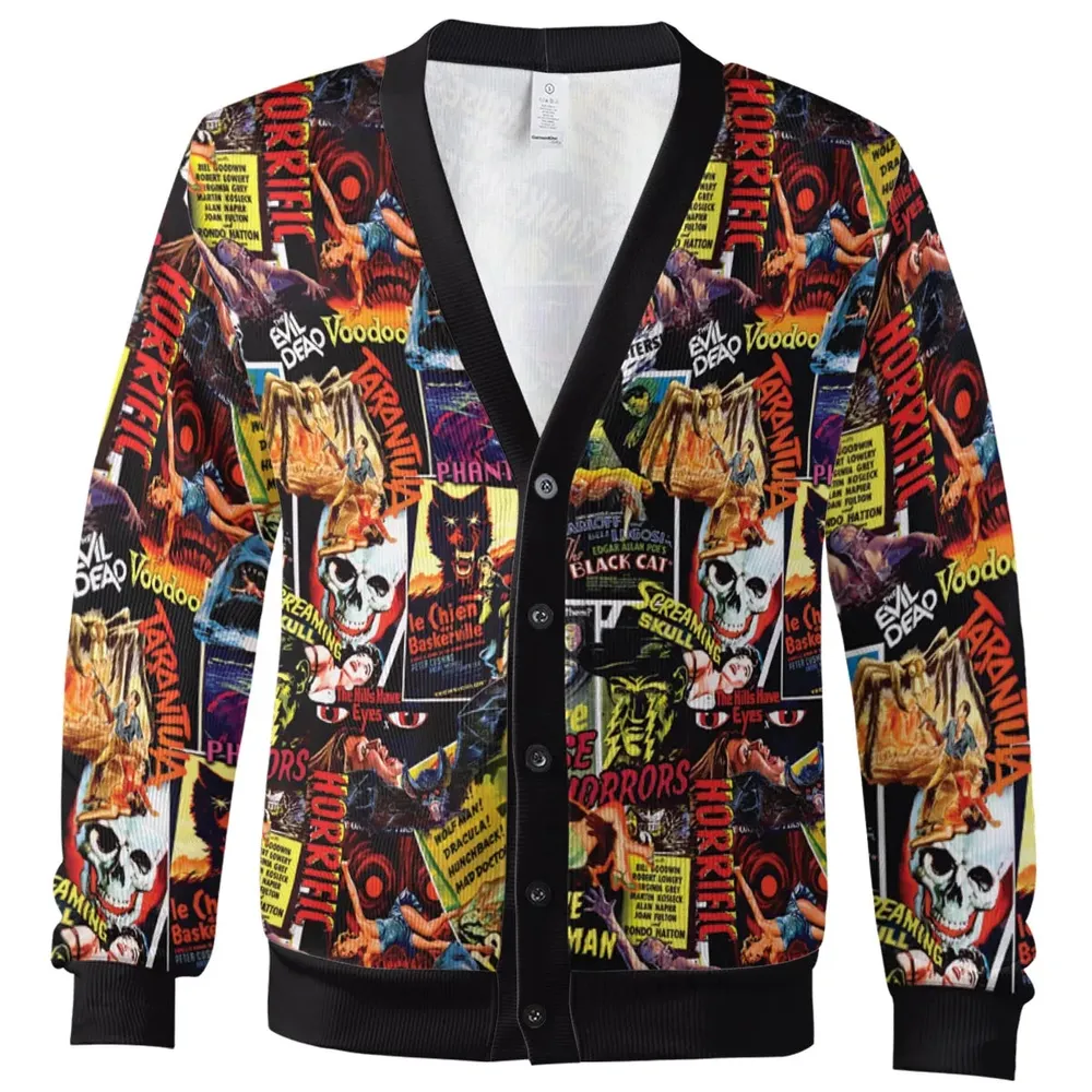 Fright Night Halloween Retro Horror Characters Collage Cardigan - 2