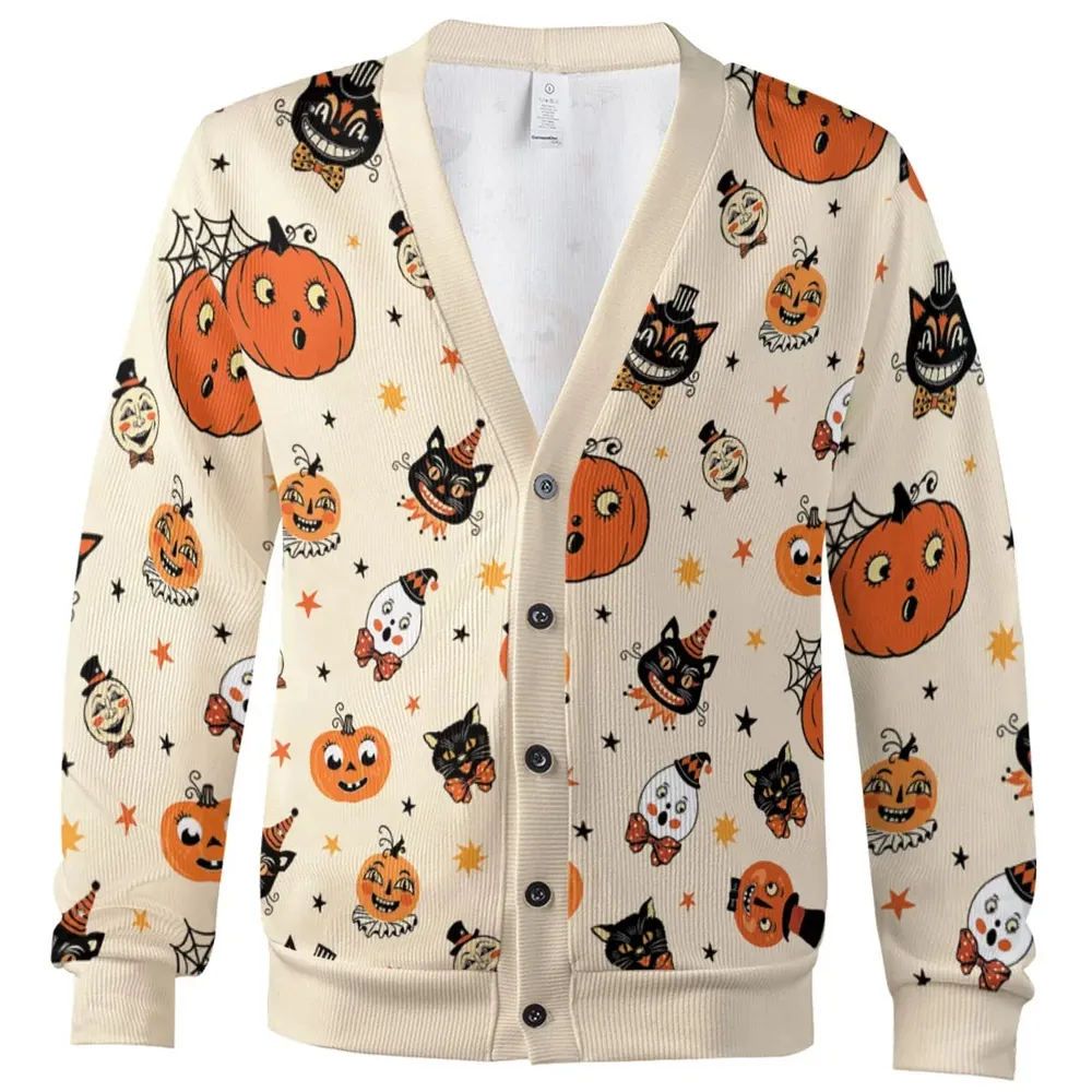 Vintage Halloween Cat Pumpkin Moon Spooky Traditional Owl Ghost  Cardigan - 2