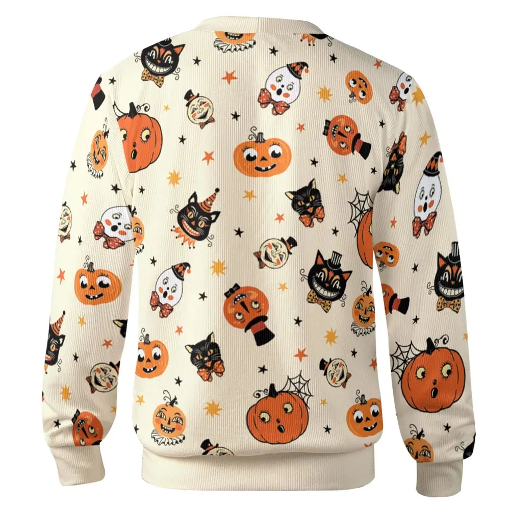 Vintage Halloween Cat Pumpkin Moon Spooky Traditional Owl Ghost  Cardigan - 3