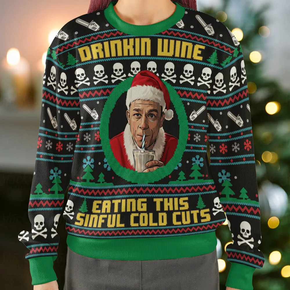 Drinking Wine and Eating Sinful Cold Cuts Ugly Christmas Sweatshirt - 2