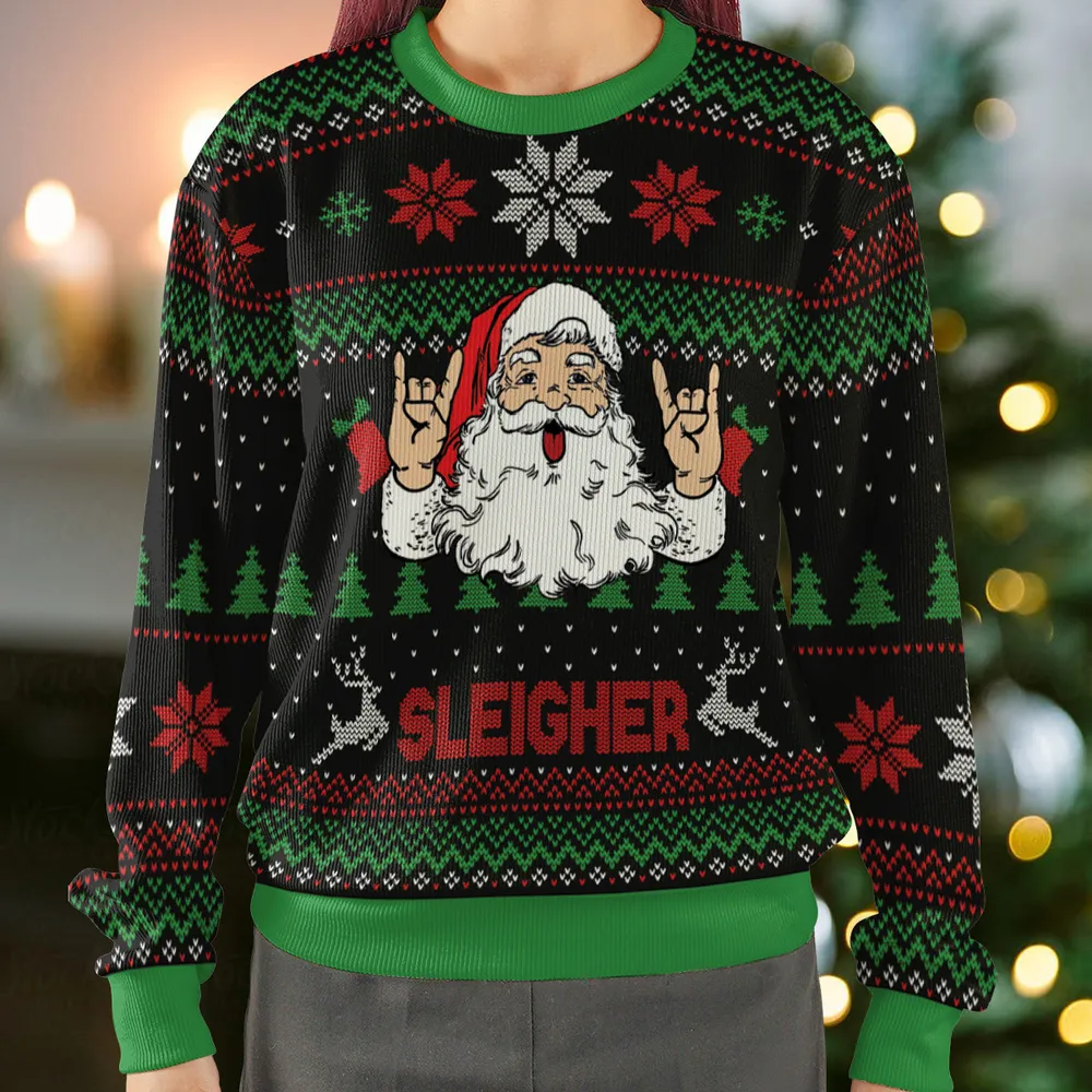 Sleigher Heavy Metal Music Hail Santa Ugly Christmas Sweatshirt - 2