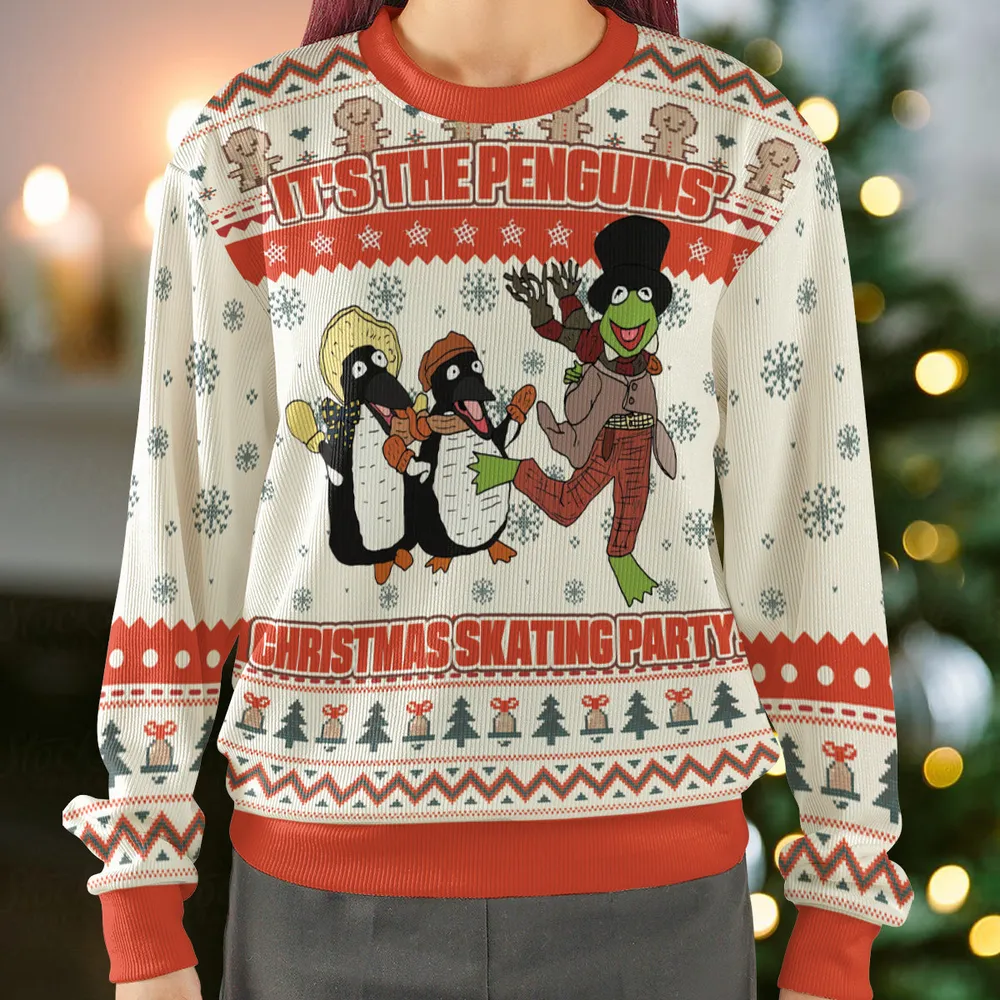 It's the penguins' Christmas skating party Ugly Christmas Sweatshirt - 2